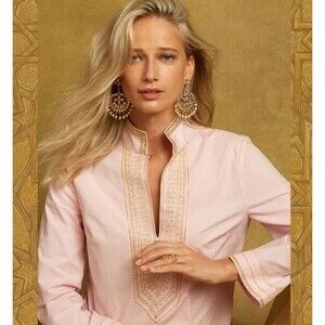 NicoBlu Maharani Tunic in Blush Pink w/ Embroidered Gold Resortwear PXL Petit XL
